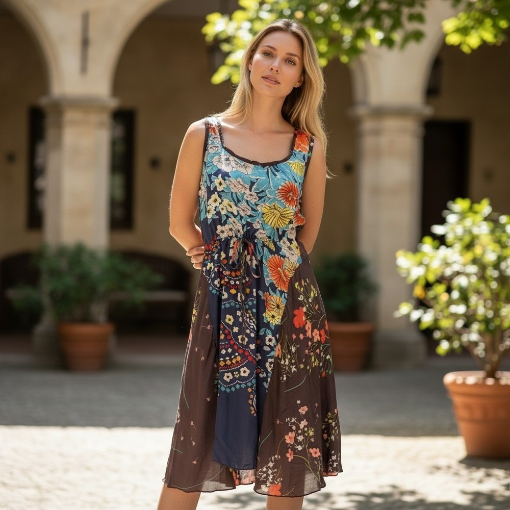 Johnny Was XS Brown Floral Silk Patchwork Dress Sleeveless Drawstring Midi USA